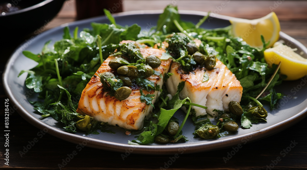 Grilled halibut with capers and greens Grilled halibut with capers and greens