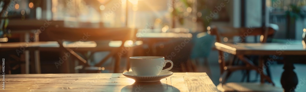 Cup of coffee sitting on a table in a restaurant. Drink background 
