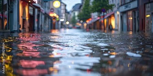 European city street flooded after heavy rain or natural disaster needing insurance. Concept Flooded European City, Natural Disaster, Insurance Coverage, Urban Flooding, Emergency Response,