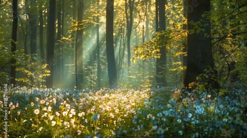 A lush forest in spring  filled with blooming flowers  towering trees  and dappled sunlight filtering through the leaves  creating a vibrant and lively atmosphere 