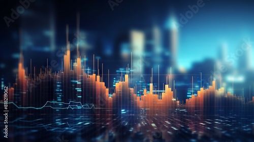 Dynamic financial growth: perspective view of stock market, investing, and data analysis with digital charts and indicators on dark blue background.   © Nayyab