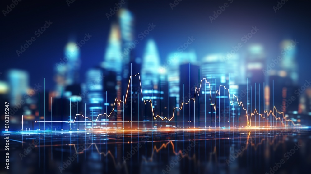 Dynamic financial growth: perspective view of stock market, investing, and data analysis with digital charts and indicators on dark blue background.
Dynamic financial growth: perspective view of stock market, investing, and data analysis with digital charts and indicators on dark blue background.