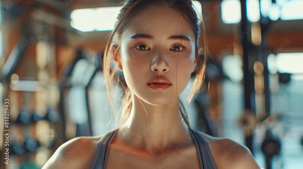Young woman in workout attire at the gym looking determined