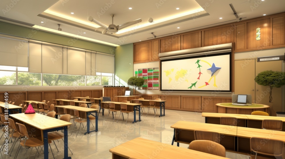 Interior of a classroom, school or university with a large chalkboard. Back to school concept
Interior of a classroom, school or university with a large chalkboard. Back to school concept