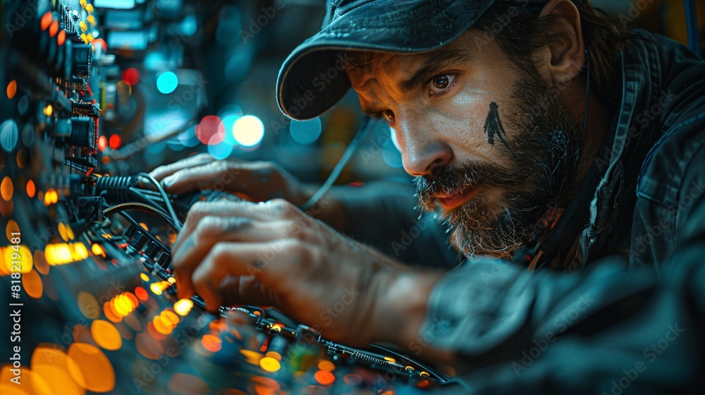 Obraz premium Skilled Electrician Engaged in Switchboard Maintenance 