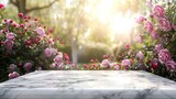 Luxurious white marble table set against a softly blurred rose garden with light bokeh, tailored for elegant product showcase backgrounds