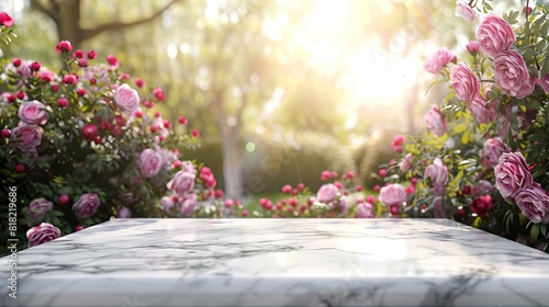Luxurious white marble table set against a softly blurred rose garden with light bokeh, tailored for elegant product showcase backgrounds photo