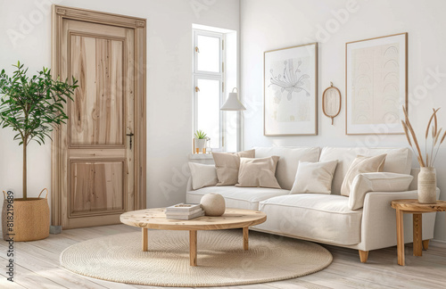 A Scandinavian-style living room with light-colored wooden furniture. Created with Ai