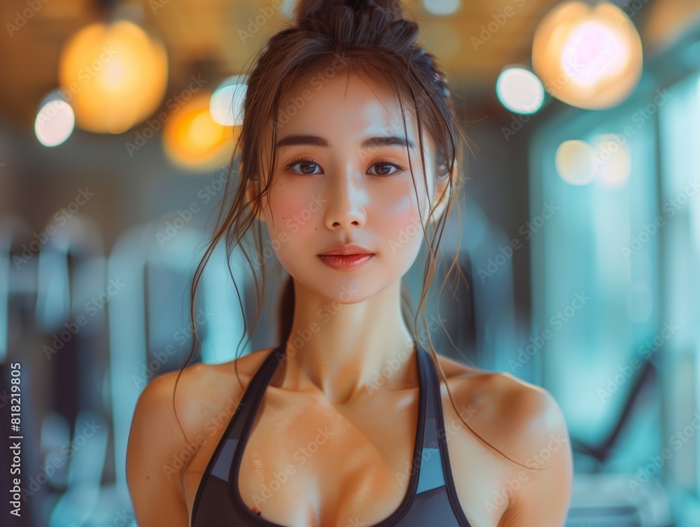 Young Woman in Sportswear at Modern Gym with Bokeh Lighting Young Woman in Sportswear at Modern Gym with Bokeh Lighting