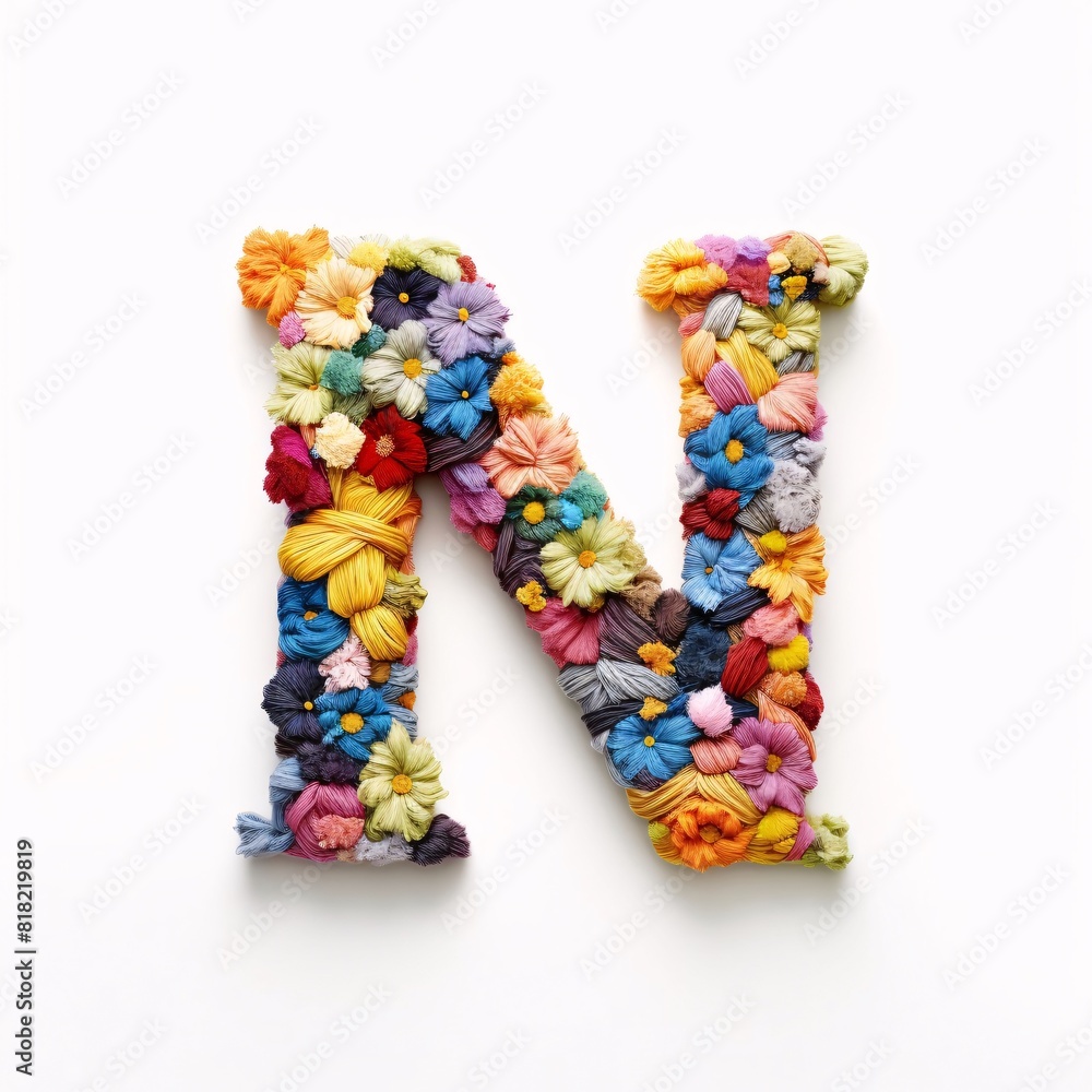 Alphabet made of colorful yarn on white background. Letter N.