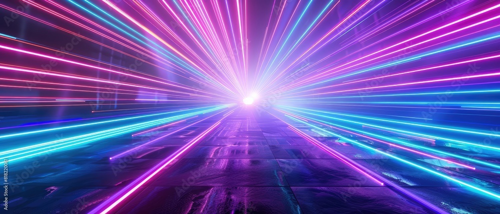 Obraz premium bright laser rays and neon lines glowing in 3d render abstract background with ultraviolet spectrum