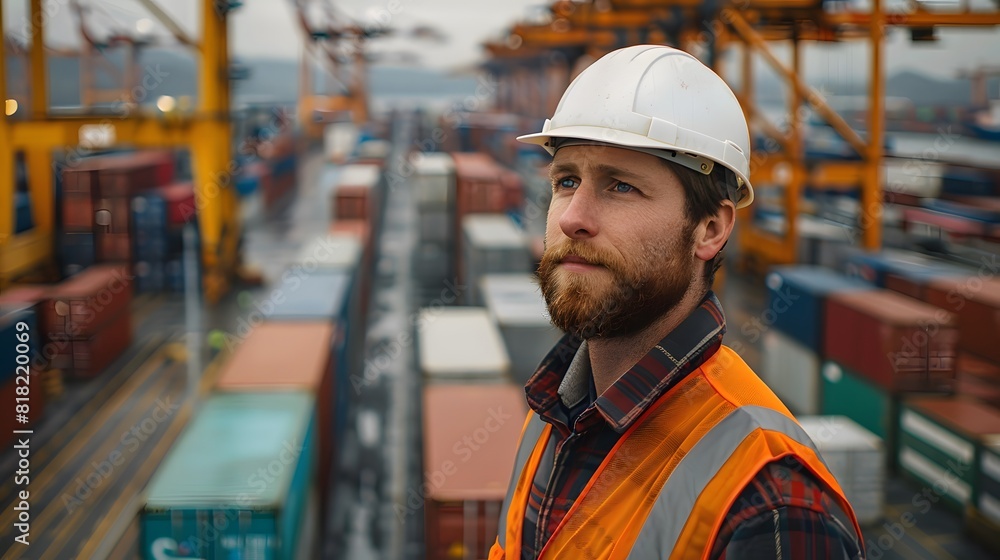 An engineer inspects work at a port with many containers. An engineer inspects work at a port with many containers.
