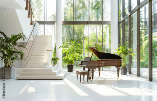 A modern house interior with a white staircase, a grand piano and green plants. Created withA i photo