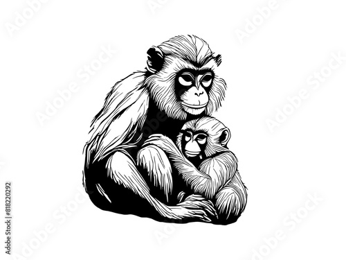 monkey holding cub art strong line in pencil