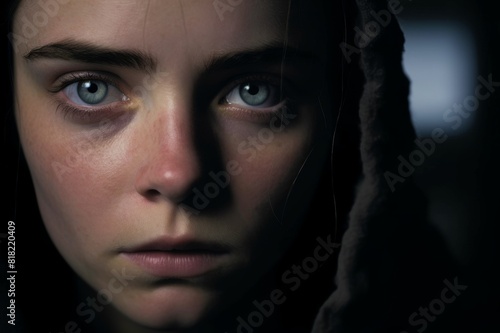 Close up portrait of a woman sat in darkness photo