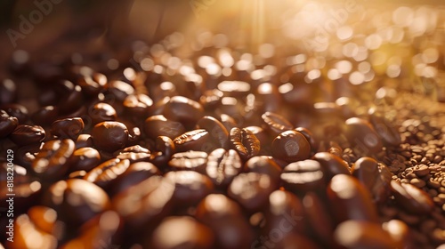 Coffee beans on the ground with sunlight shining through.