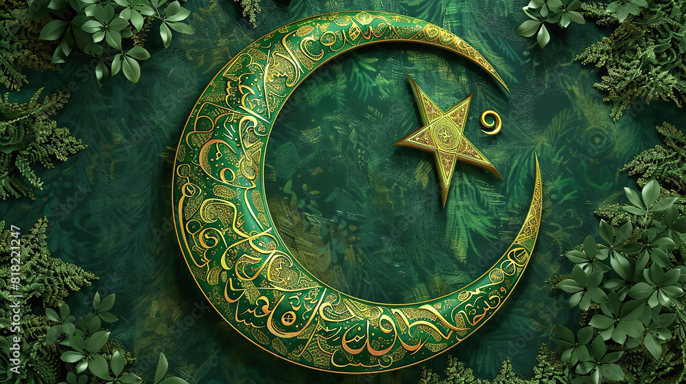Rich Green and Gold Crescent Motif A vibrant 3D realistic crescent motif in rich green and gold, featuring intricate Islamic patterns on a forest green backdrop.