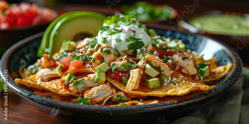 Nachos topped with grilled chicken, diced tomatoes, ripe avocado slices, and a dollop of sour cream in a bowl