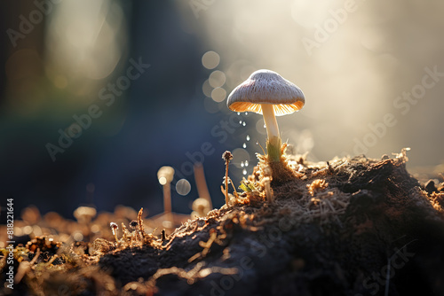 Beautiful mushroom on the sunny bump. Fairytale background with mystic mushroom.