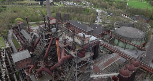 Aerial birds eye drone view on the out of use, blast furnace at Landschaftpark Duisburg north, Germany. photo