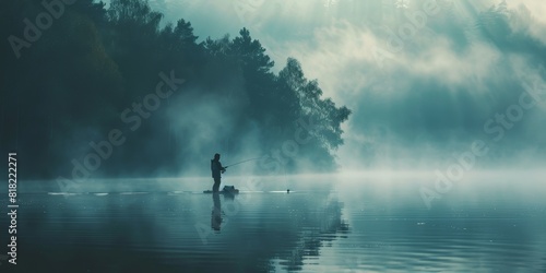 A fisherman casting a line into a lake with negative space photo