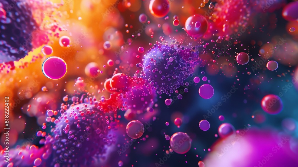 Vibrant microcosm scene with bubbling particles in an abstract environment. Representation of chemical or biological reactions Vibrant microcosm scene with bubbling particles in an abstract environment. Representation of chemical or biological reactions