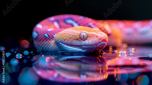 Hyper realistic, wet snake in front of a black background, with reflection in a pool of water underneath