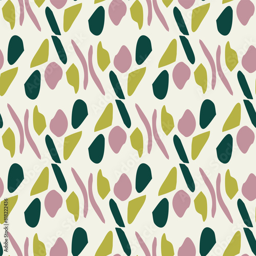 Summer meadow botanical hand drawn vector pattern. Retro fashion garden backdrop for decorative green pink floral seamless swatch. 