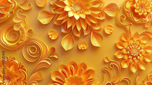 Saffron and Gold Floral Islamic Pattern A warm 3D realistic floral Islamic pattern in saffron and gold, creating an inviting and elegant background.