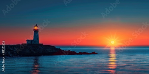 A lighthouse at sunset with negative space © patinyats