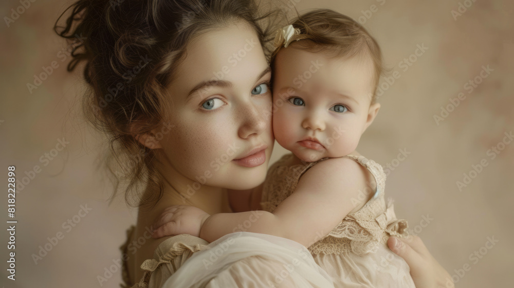 Young woman mother tightly hugs her little child holding in her arms, concept of young motherhood, parenthood at a young age Young woman mother tightly hugs her little child holding in her arms, concept of young motherhood, parenthood at a young age