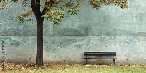 A lone bench in a park with negative space photo