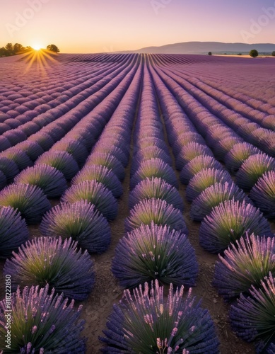 The sun rises over vibrant lavender fields  creating a striking sunburst effect that highlights the rows of purple flowers.