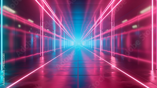 Neon tunnel with glowing lights and reflections photo