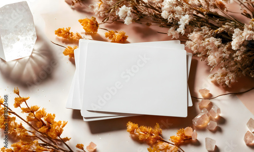 Empty white card on beautiful flower background, mock up of paper of write message, pink decoration with floral photo