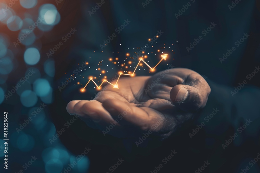 Hand holding glowing arrows up, a growing stock market graph shows ...