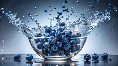 A cascade of blueberries falling into a clear bowl of water, causing tiny ripples and bursts of freshness against a simple backdrop