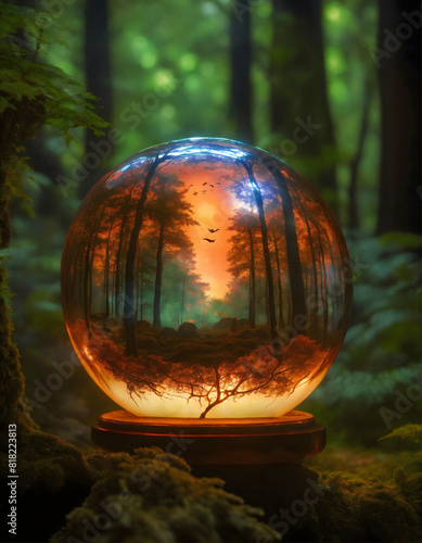Colourful orange glass round ball with natural beautiful forest, green trees with spiritual mysterious sphere