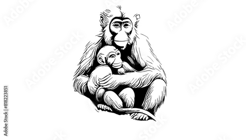 Vector monkey holding baby looking at frame expressing tenderness.