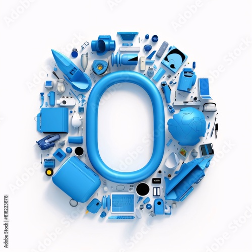 Letter O of the alphabet surrounded by electronic devices and electronics. 3D rendering