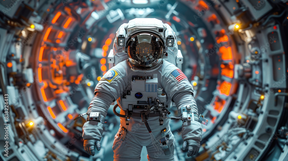 An astronaut exploring a high-tech space station orbiting a distant planet. An astronaut exploring a high-tech space station orbiting a distant planet.