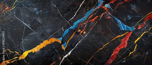 abstract black marble background with blue red yellow golden veins japanese kintsugi technique fake painted artificial stone texture marbled surface digital marbling illustration photo