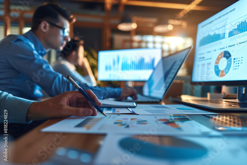 A male Accountant looks at a financial report, professional accounting company, digital marketing, optimization, guy calculating a sales margin