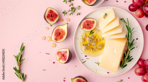 Cheese plate, honey, figs, grapes and rosemary on an isolated light pink background, top view.