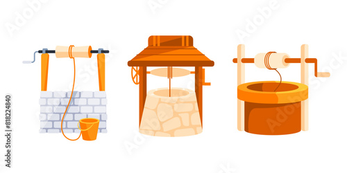 Water well set. Stone and wooden decorated peasant wells for water extraction