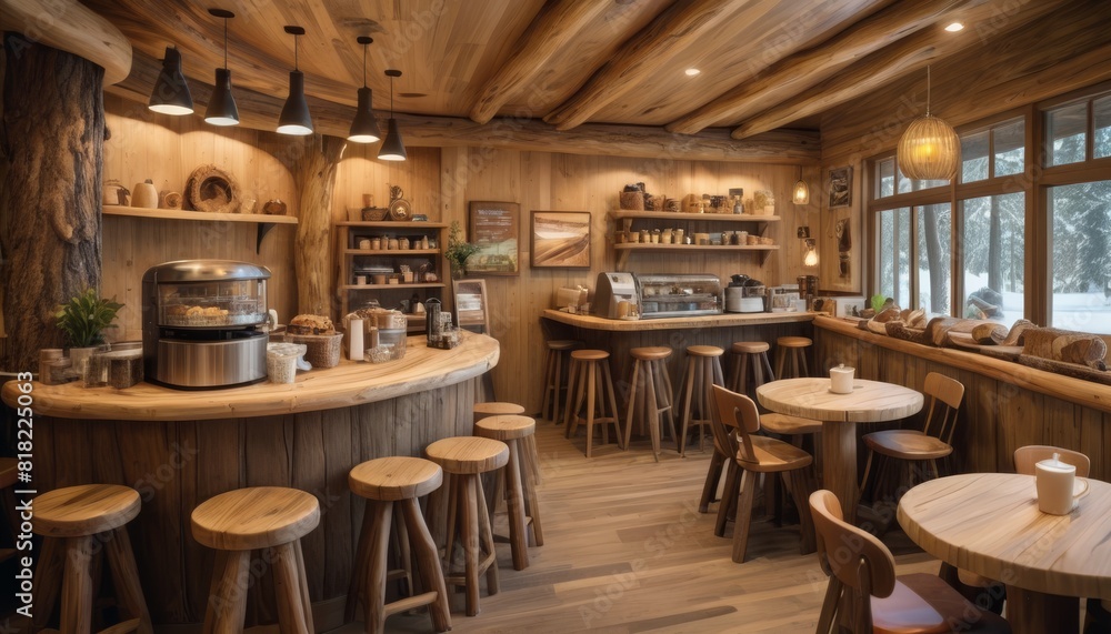 An inviting wooden cafe interior with round tables, bar stools, and a display of baked goods under soft pendant lighting.