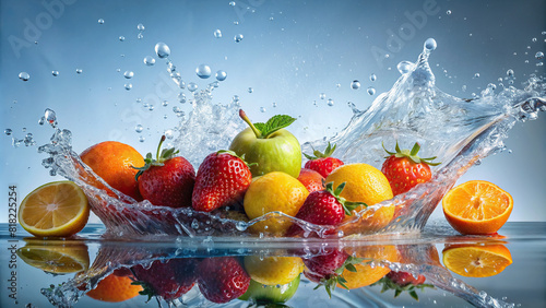 Whole fruits being gently dropped into a pool of water  sending playful splashes and ripples across the surface  against a clean  minimalist background  exuding freshness and vitality.