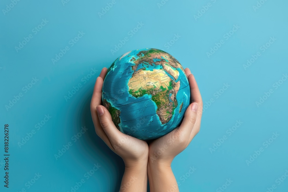 World Environment Day, Earth globe in woman's hands on a blue background World Environment Day, Earth globe in woman's hands on a blue background