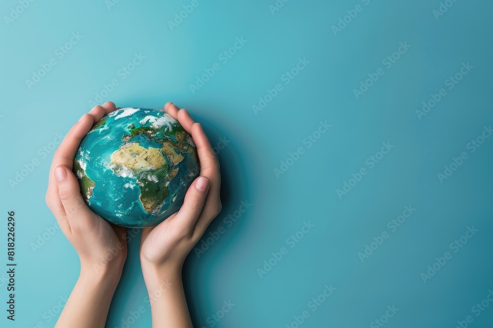 World Environment Day, Earth globe in woman's hands on a blue background World Environment Day, Earth globe in woman's hands on a blue background