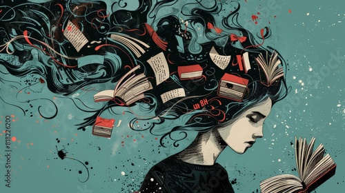 Conceptual illustration of a woman immersed in a whirlwind of books and knowledge  ideal for educational and literary themes